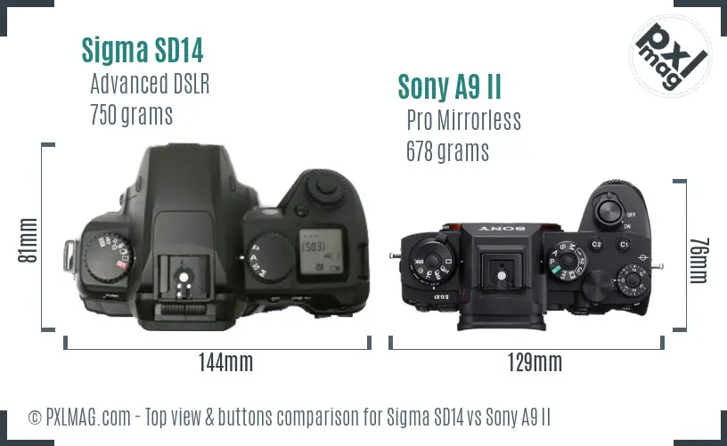 Sigma SD14 vs Sony A9 II top view buttons comparison