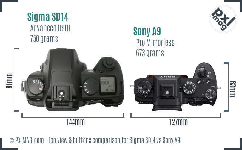 Sigma SD14 vs Sony A9 top view buttons comparison
