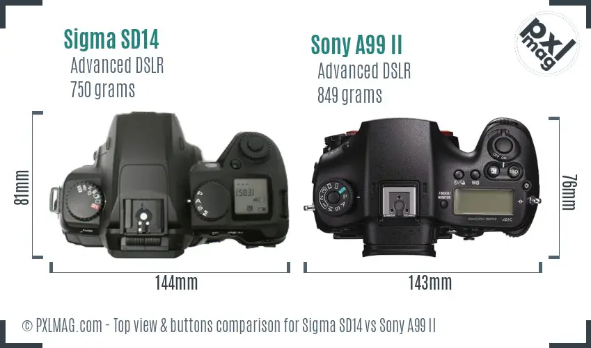 Sigma SD14 vs Sony A99 II top view buttons comparison