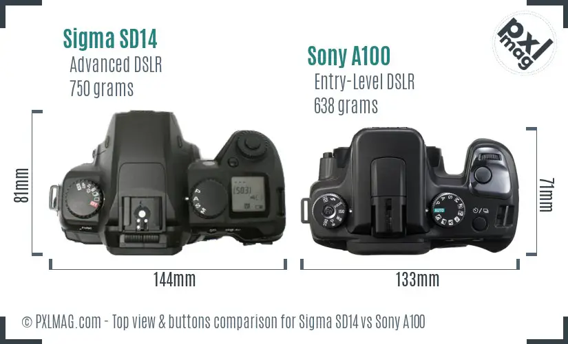 Sigma SD14 vs Sony A100 top view buttons comparison Sigma SD14 vs Sony A100 top view buttons comparison