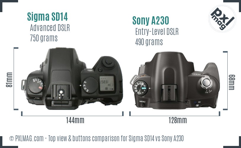 Sigma SD14 vs Sony A230 top view buttons comparison