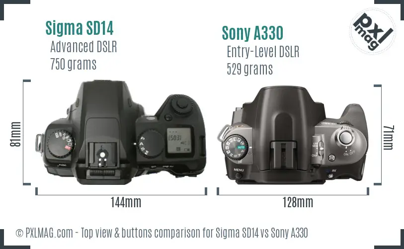 Sigma SD14 vs Sony A330 top view buttons comparison Sigma SD14 vs Sony A330 top view buttons comparison