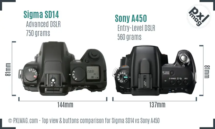 Sigma SD14 vs Sony A450 top view buttons comparison