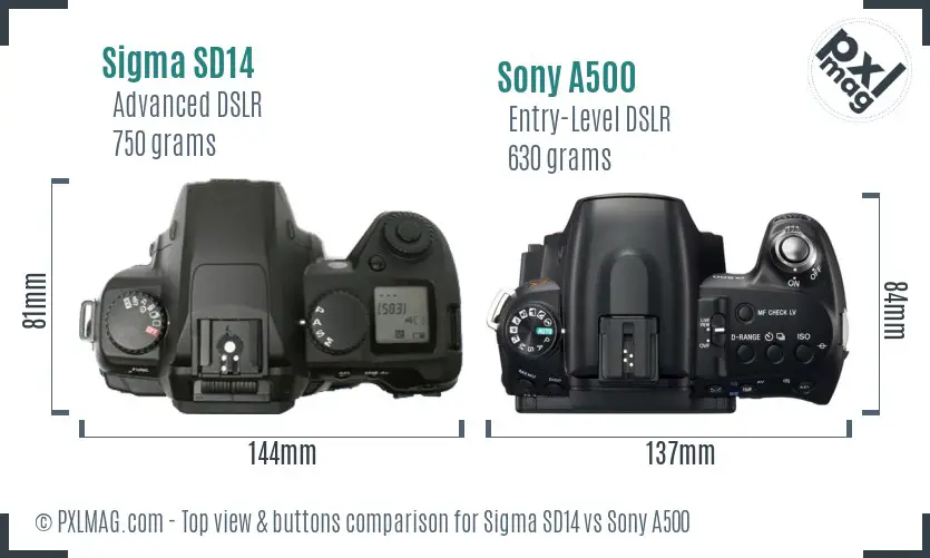 Sigma SD14 vs Sony A500 top view buttons comparison Sigma SD14 vs Sony A500 top view buttons comparison