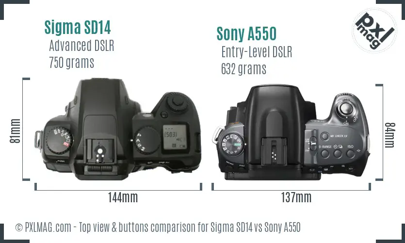 Sigma SD14 vs Sony A550 top view buttons comparison
