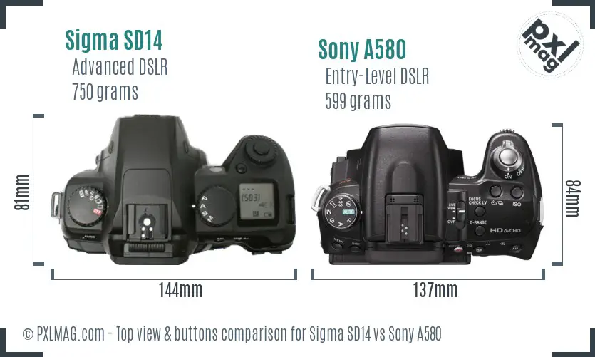 Sigma SD14 vs Sony A580 top view buttons comparison