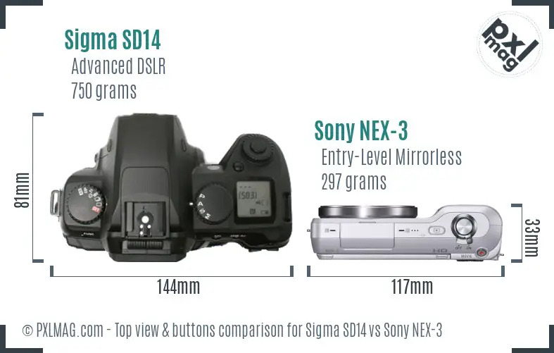 Sigma SD14 vs Sony NEX-3 top view buttons comparison Sigma SD14 vs Sony NEX-3 top view buttons comparison