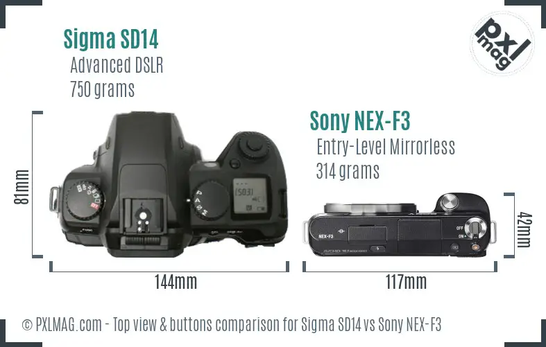 Sigma SD14 vs Sony NEX-F3 top view buttons comparison
