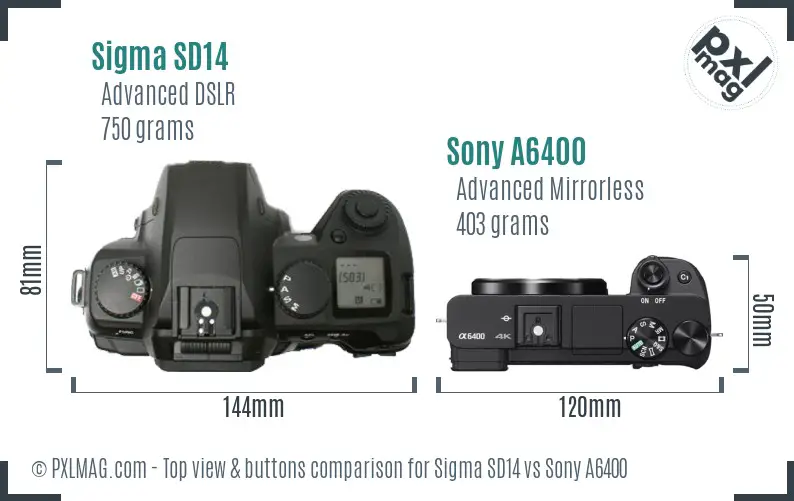 Sigma SD14 vs Sony A6400 top view buttons comparison Sigma SD14 vs Sony A6400 top view buttons comparison