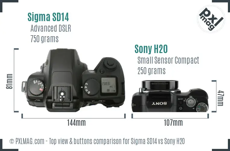 Sigma SD14 vs Sony H20 top view buttons comparison Sigma SD14 vs Sony H20 top view buttons comparison