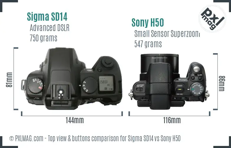 Sigma SD14 vs Sony H50 top view buttons comparison Sigma SD14 vs Sony H50 top view buttons comparison