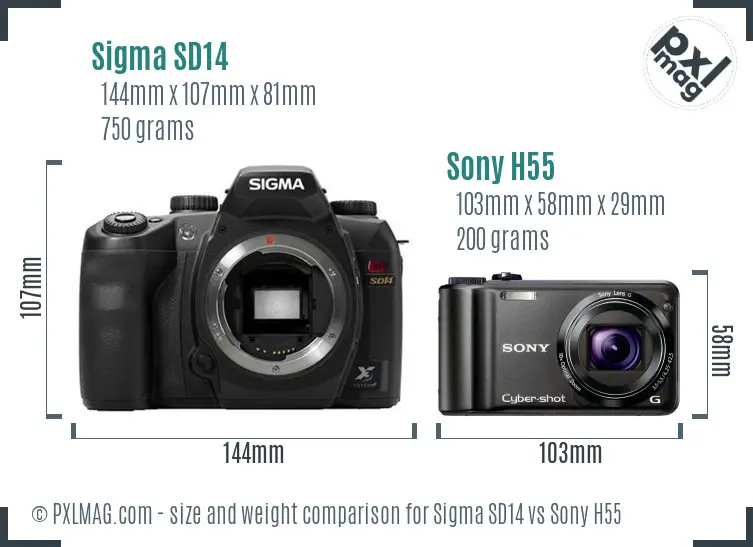 Sigma SD14 vs Sony H55 size comparison