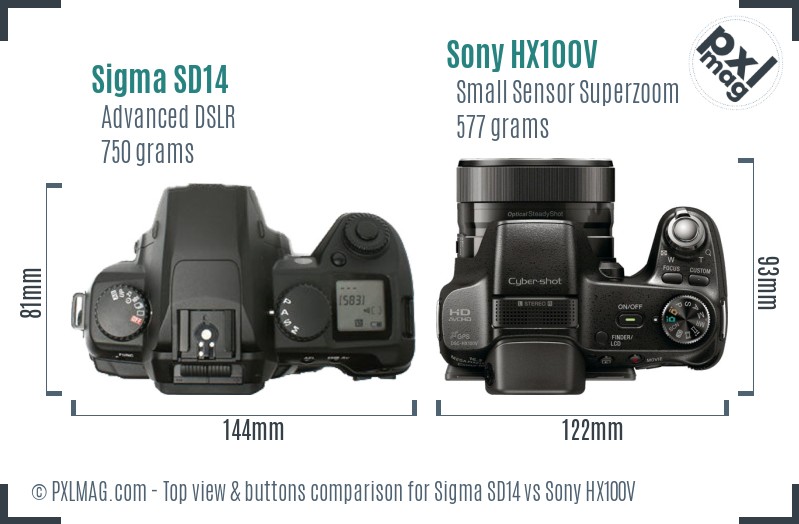 Sigma SD14 vs Sony HX100V top view buttons comparison