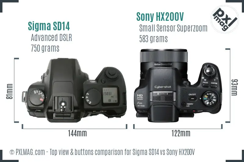 Sigma SD14 vs Sony HX200V top view buttons comparison