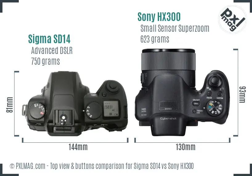 Sigma SD14 vs Sony HX300 top view buttons comparison Sigma SD14 vs Sony HX300 top view buttons comparison