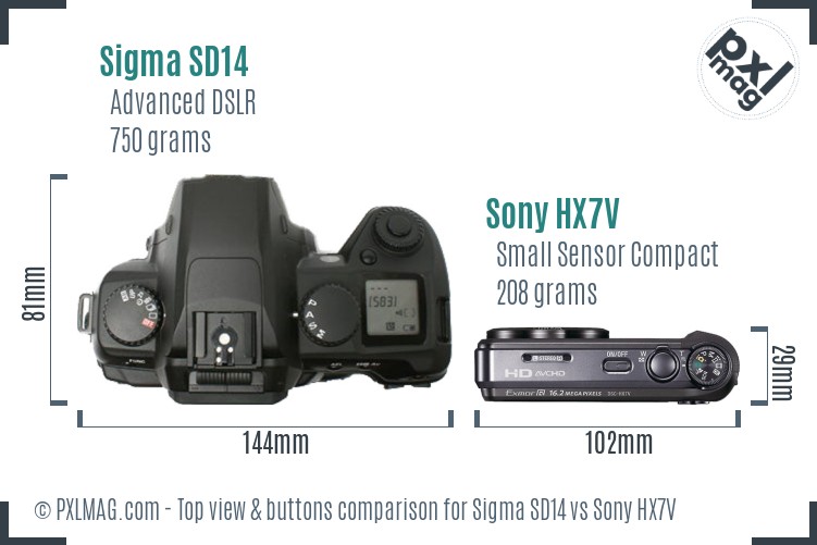 Sigma SD14 vs Sony HX7V top view buttons comparison