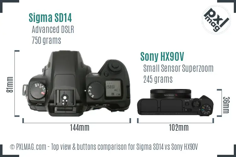 Sigma SD14 vs Sony HX90V top view buttons comparison Sigma SD14 vs Sony HX90V top view buttons comparison