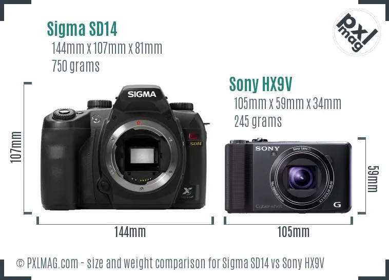 Sigma SD14 vs Sony HX9V size comparison Sigma SD14 vs Sony HX9V size comparison