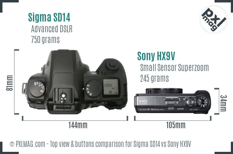 Sigma SD14 vs Sony HX9V top view buttons comparison Sigma SD14 vs Sony HX9V top view buttons comparison