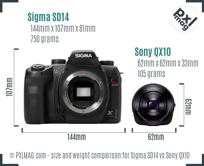 Sigma SD14 vs Sony QX10 size comparison