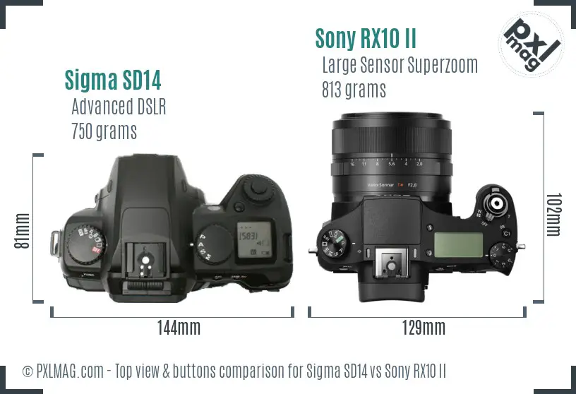 Sigma SD14 vs Sony RX10 II top view buttons comparison