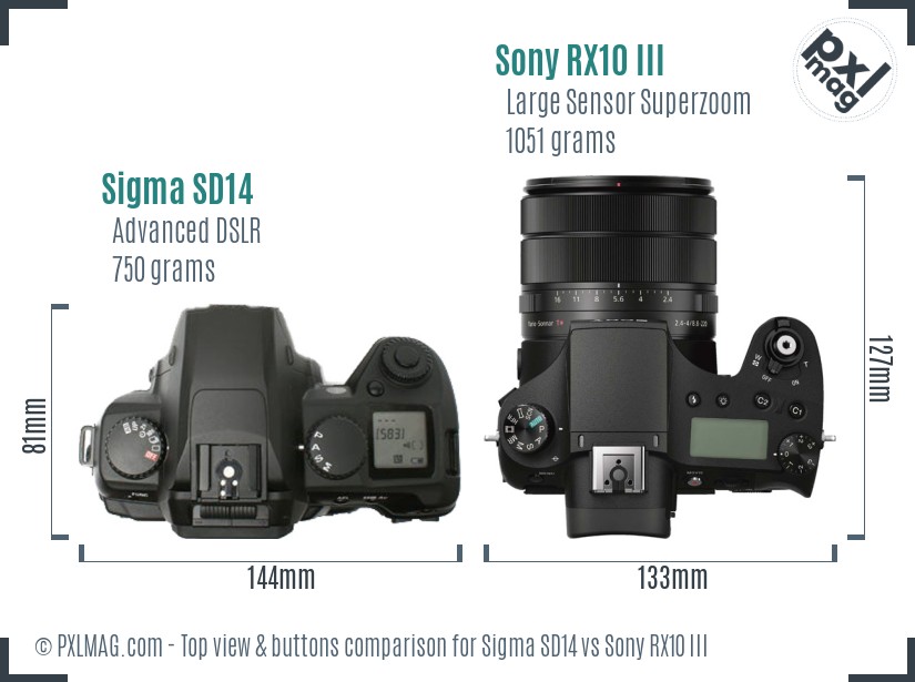 Sigma SD14 vs Sony RX10 III top view buttons comparison