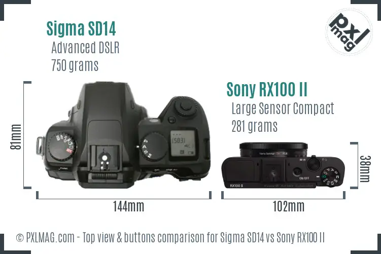 Sigma SD14 vs Sony RX100 II top view buttons comparison
