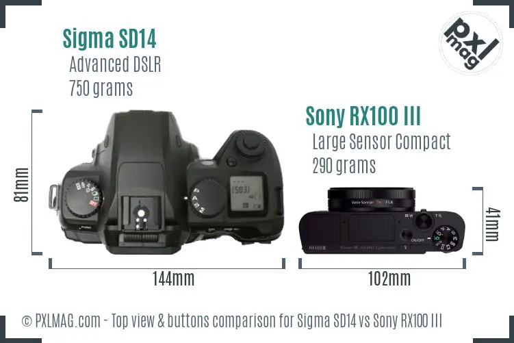 Sigma SD14 vs Sony RX100 III top view buttons comparison