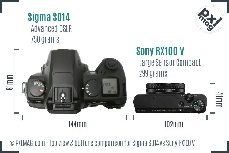 Sigma SD14 vs Sony RX100 V top view buttons comparison Sigma SD14 vs Sony RX100 V top view buttons comparison