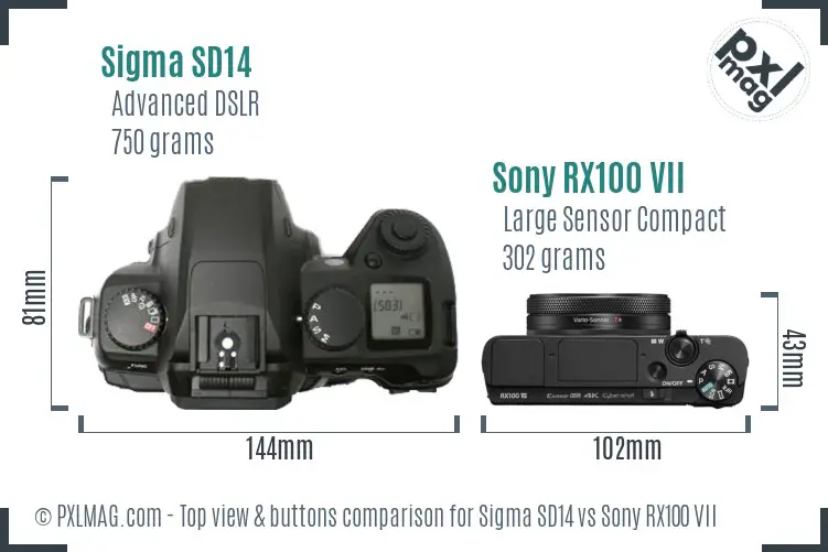 Sigma SD14 vs Sony RX100 VII top view buttons comparison