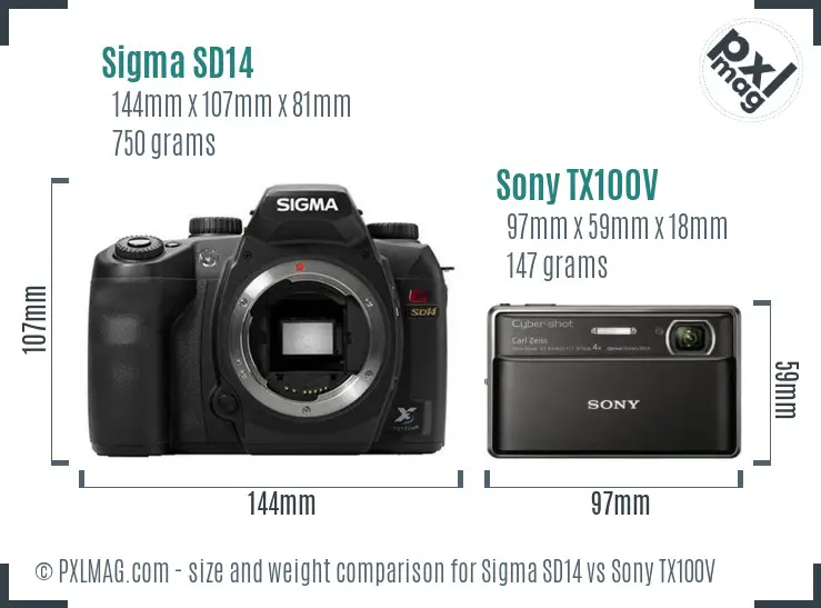 Sigma SD14 vs Sony TX100V size comparison