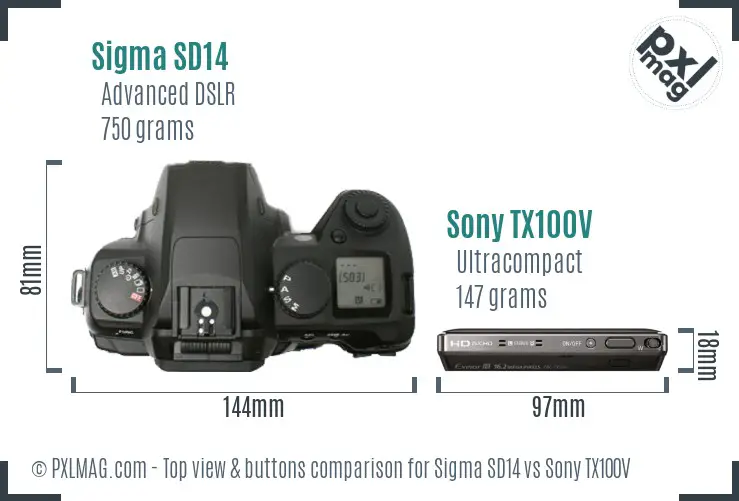 Sigma SD14 vs Sony TX100V top view buttons comparison