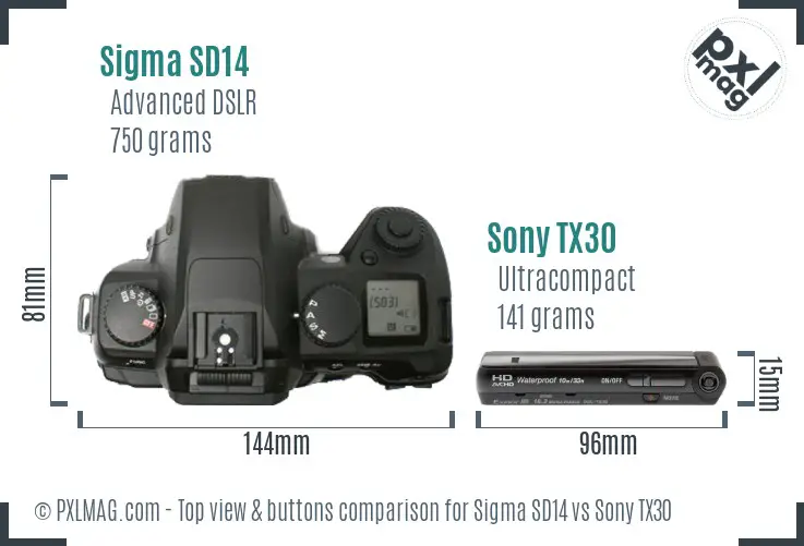 Sigma SD14 vs Sony TX30 top view buttons comparison