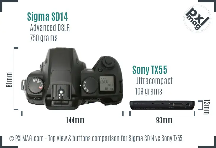 Sigma SD14 vs Sony TX55 top view buttons comparison