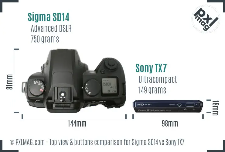 Sigma SD14 vs Sony TX7 top view buttons comparison