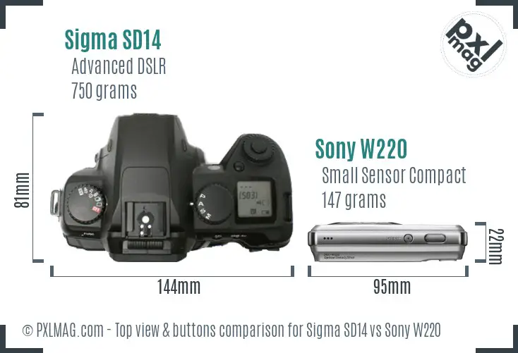 Sigma SD14 vs Sony W220 top view buttons comparison