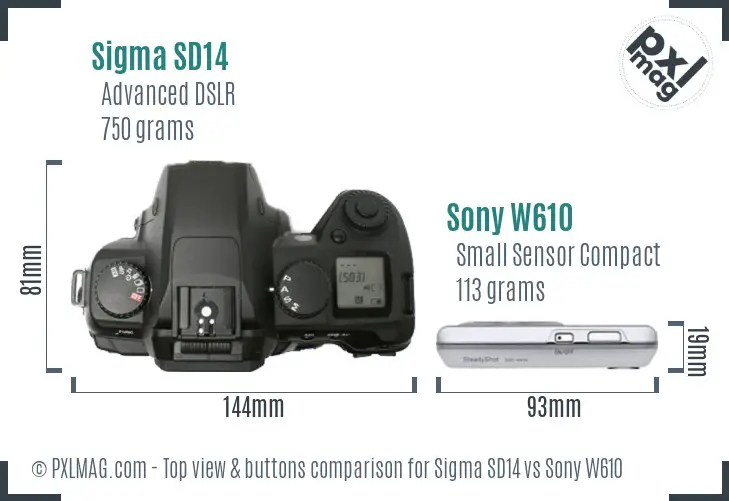 Sigma SD14 vs Sony W610 top view buttons comparison Sigma SD14 vs Sony W610 top view buttons comparison
