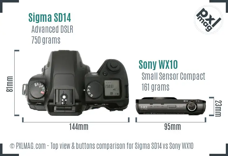 Sigma SD14 vs Sony WX10 top view buttons comparison