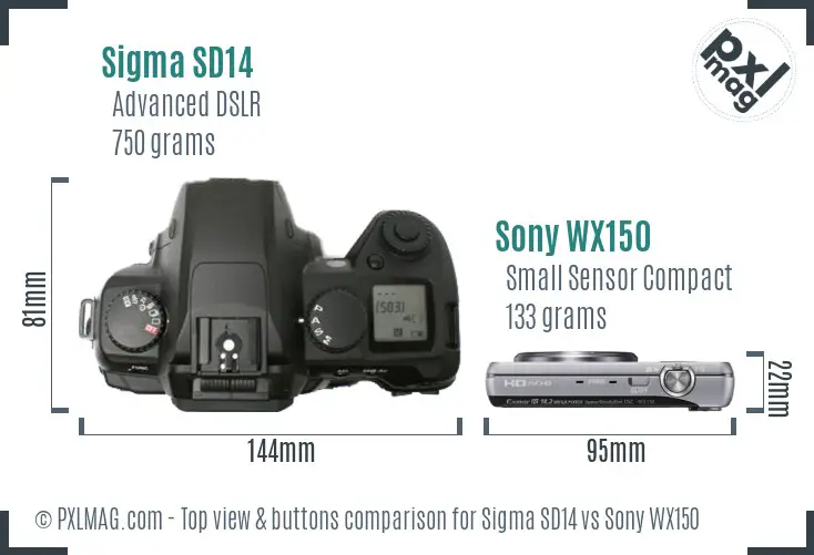 Sigma SD14 vs Sony WX150 top view buttons comparison