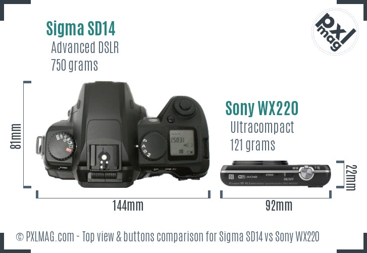 Sigma SD14 vs Sony WX220 top view buttons comparison