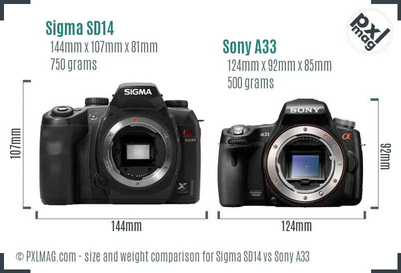 Sigma SD14 vs Sony A33 size comparison