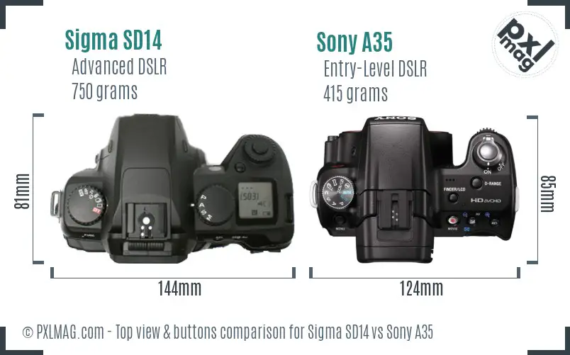 Sigma SD14 vs Sony A35 top view buttons comparison