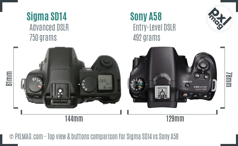 Sigma SD14 vs Sony A58 top view buttons comparison