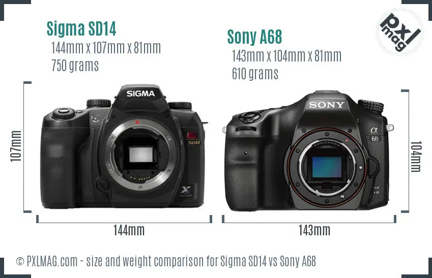 Sigma SD14 vs Sony A68 size comparison