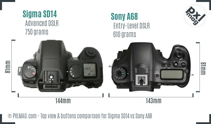 Sigma SD14 vs Sony A68 top view buttons comparison