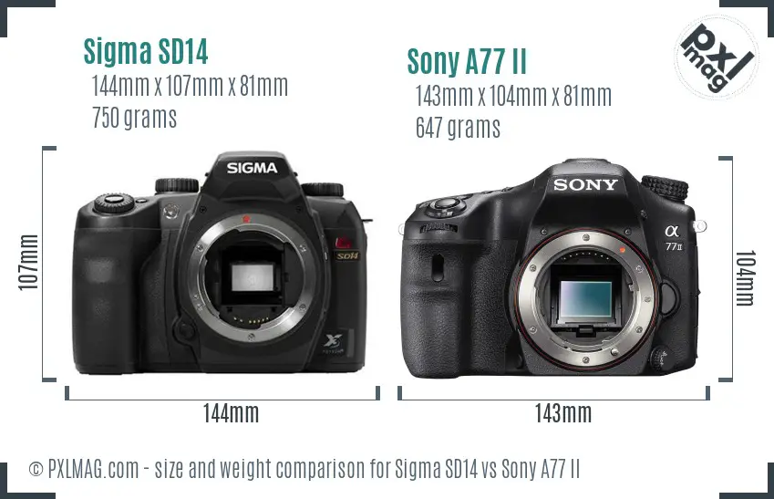Sigma SD14 vs Sony A77 II size comparison