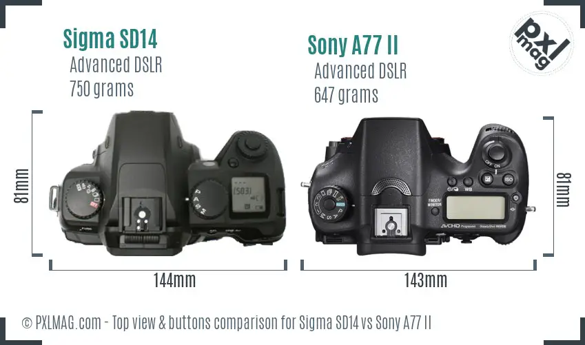 Sigma SD14 vs Sony A77 II top view buttons comparison