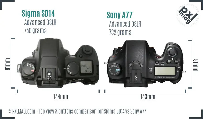 Sigma SD14 vs Sony A77 top view buttons comparison