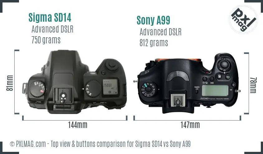 Sigma SD14 vs Sony A99 top view buttons comparison