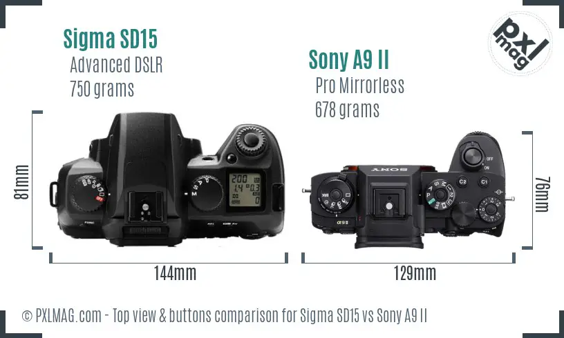 Sigma SD15 vs Sony A9 II top view buttons comparison Sigma SD15 vs Sony A9 II top view buttons comparison